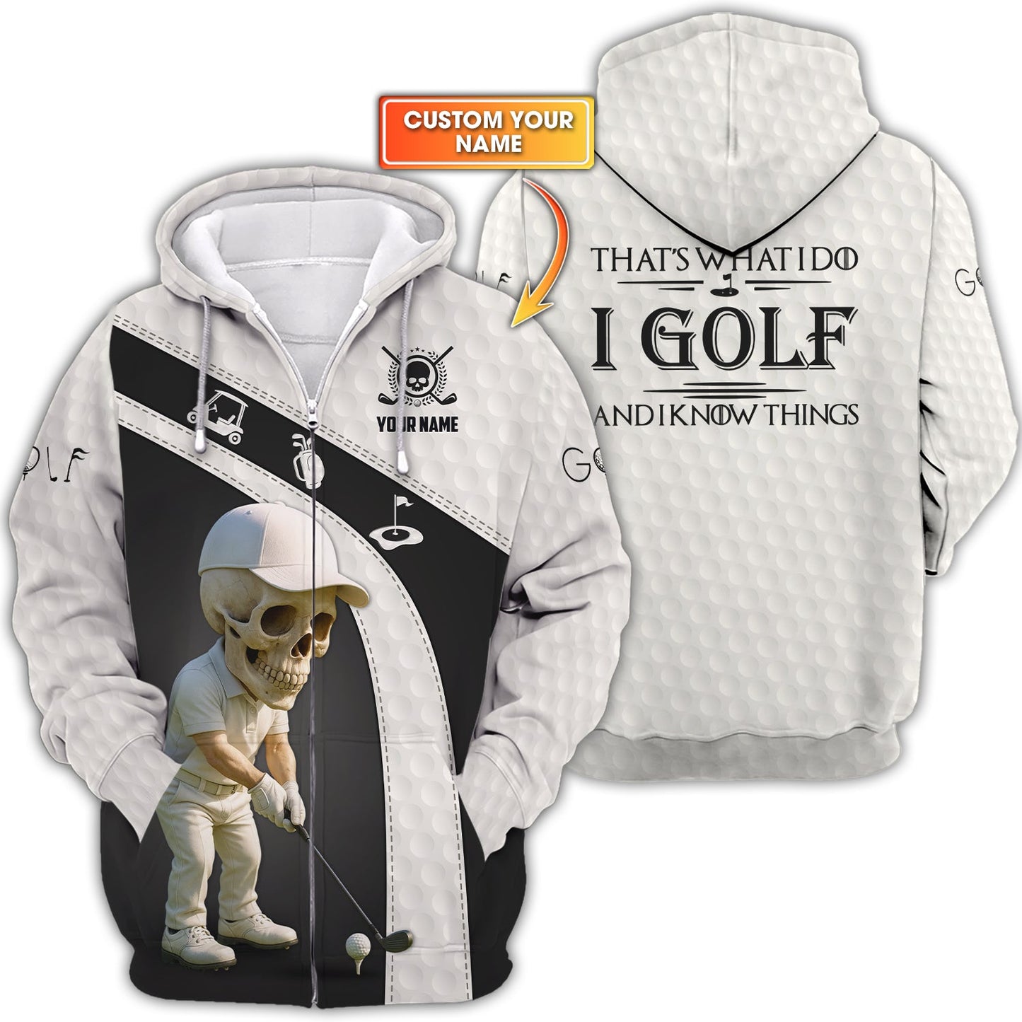 I Golf And Know Things Custom Golf Shirt Crazy Golf Skull Swing Tee Black White